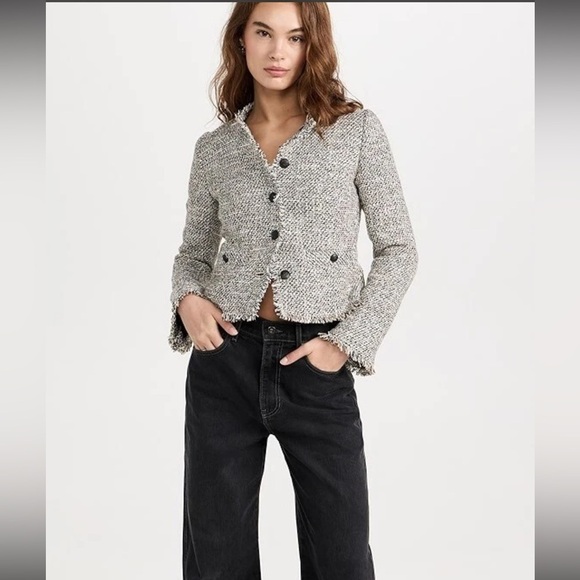 Rag & Bone Black and Cream Carmen Blazer Jacket Cropped Tweed Jacket Size 10 - Picture 2 of 12